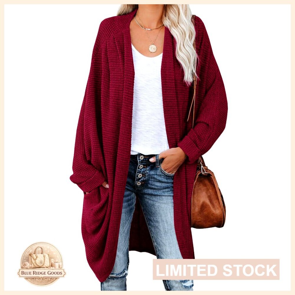 Open Front Knit Cardigan Long Batwing Sleeve Oversized Sweater Chunky Waffle